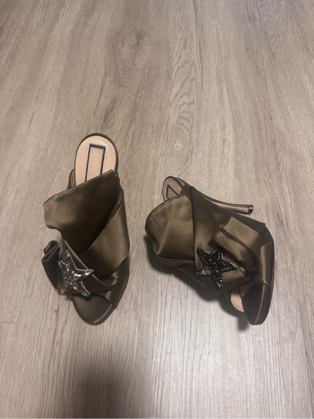 No. 21 Bronze Satin Star-Embellished Slide Heels - Picture 2 of 9